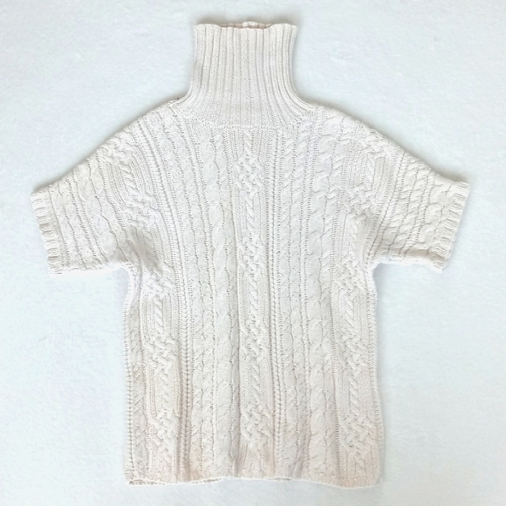 Elegant Vintage Women’s Cream Cable Knit Mock Turtleneck Short Sleeve Sweater XS